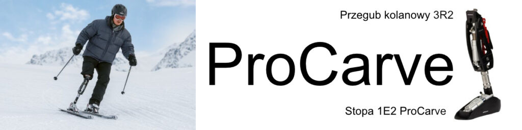 Narciarz zjazdowy korzystający z protezy sportowej ProCarve na stoku oraz zbliżenie na komponenty systemu: przegub kolanowy 3R2 i stopę 1E2