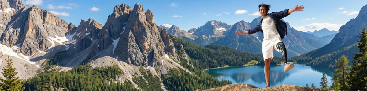 Mężczyzna z protezą podudzia stojący boso na skale w górach – przykład nowoczesnej stopy protezowej.