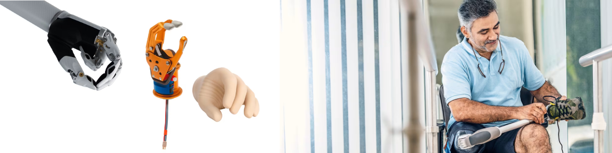 Zestawienie nowoczesnych protez kończyn: bioniczna dłoń, mechanizm protezy ręki z rękawicą kosmetyczną oraz mężczyzna zakładający protezę nogi.