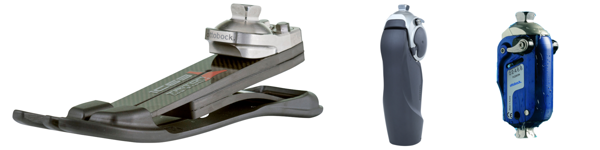 Zestawienie komponentów protetycznych Ottobock: stopa z włókna węglowego Triton Low Profile oraz mikroprocesorowe przeguby kolanowe z serii Genium i C-Leg.